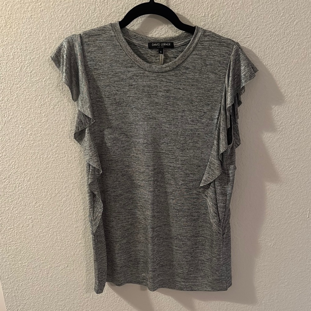 David Lerner Gray Ruffled Short Sleeve Tee
